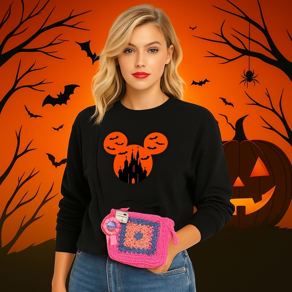 Handmade Halloween Mickey Ears Castle Sweatshirt Black Orange Size Small Iron-on - Picture 8 of 17